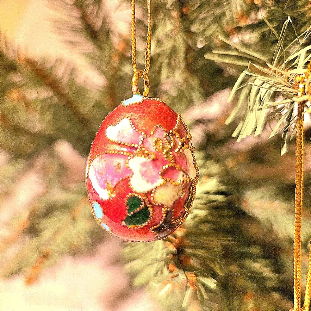VTG Cloisonne Mini Egg Ornaments Set of 3, Enamel Brass Butterfly Floral, RARE